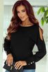 Asymmetrical Cutout Button Accent Long Sleeve Ribbed Knit Top