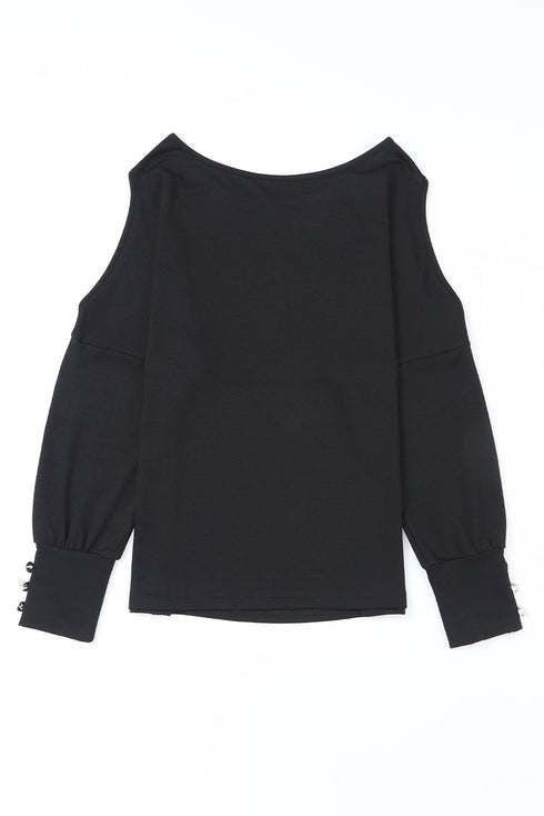 Asymmetrical Cutout Button Accent Long Sleeve Ribbed Knit Top