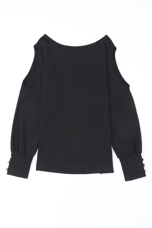 Asymmetrical Cutout Button Accent Long Sleeve Ribbed Knit Top