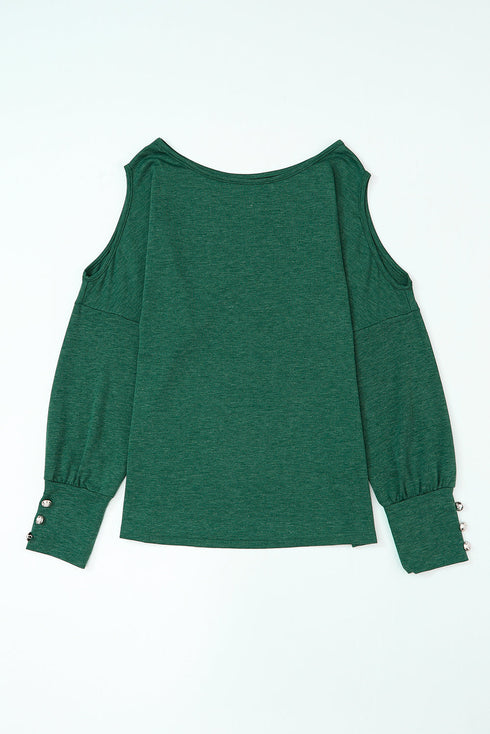 Asymmetrical Cutout Button Accent Long Sleeve Ribbed Knit Top