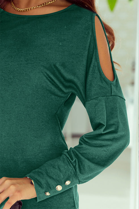Asymmetrical Cutout Button Accent Long Sleeve Ribbed Knit Top