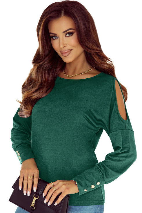 Asymmetrical Cutout Button Accent Long Sleeve Ribbed Knit Top