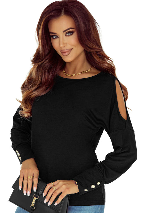Asymmetrical Cutout Button Accent Long Sleeve Ribbed Knit Top
