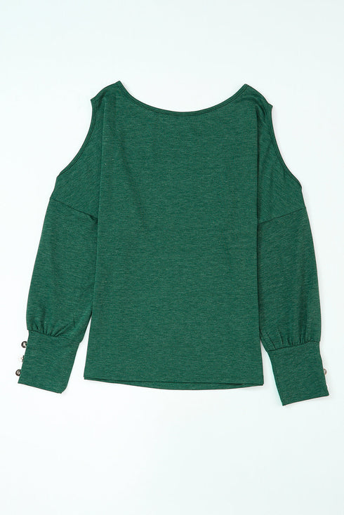 Asymmetrical Cutout Button Accent Long Sleeve Ribbed Knit Top