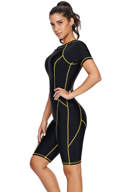 Athletic Zip Front Short Sleeve One Piece Swimsuit