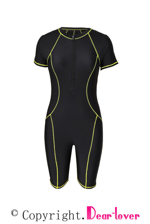 Athletic Zip Front Short Sleeve One Piece Swimsuit