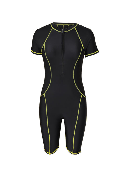 Athletic Zip Front Short Sleeve One Piece Swimsuit