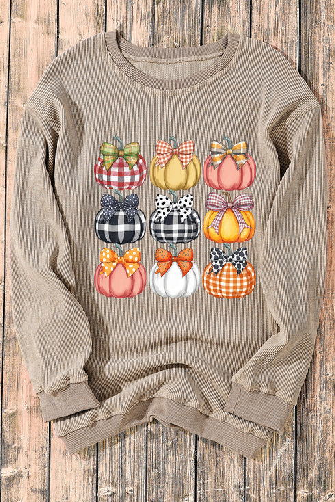 Autumn Pumpkin Bow Graphic Corded Pullover Sweatshirt