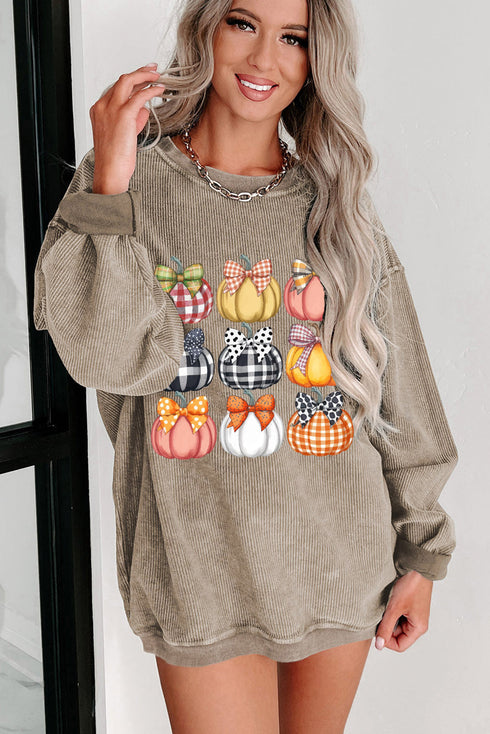 Autumn Pumpkin Bow Graphic Corded Pullover Sweatshirt