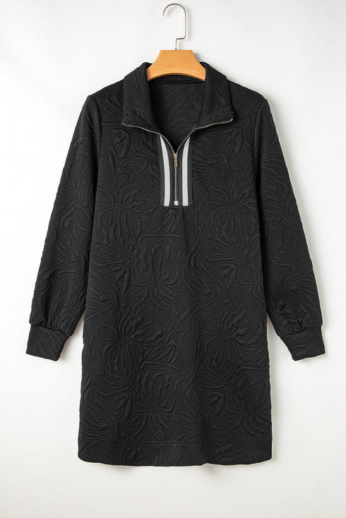 Autumn Stroll Jacquard Textured Quarter Zipper Shift Dress