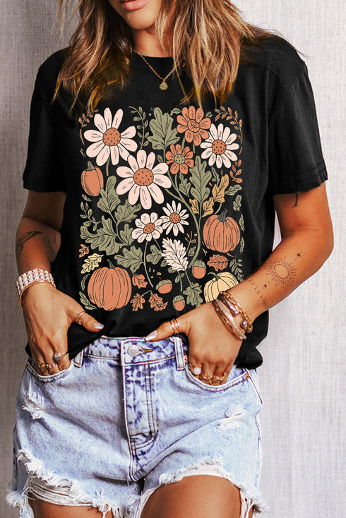 Autumnal Bloom Pumpkin Patch Floral Botanical Graphic Tee