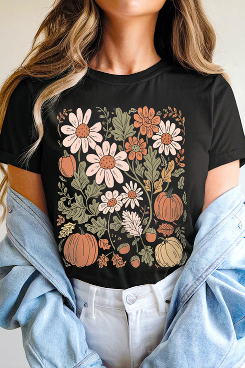 Autumnal Bloom Pumpkin Patch Floral Botanical Graphic Tee