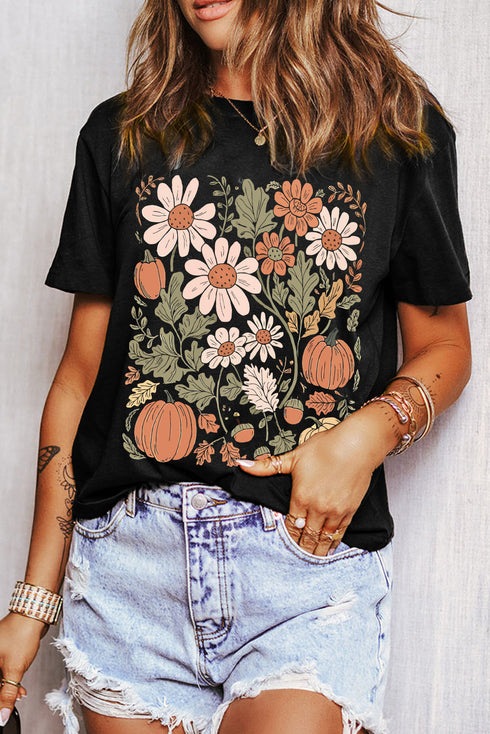 Autumnal Bloom Pumpkin Patch Floral Botanical Graphic Tee