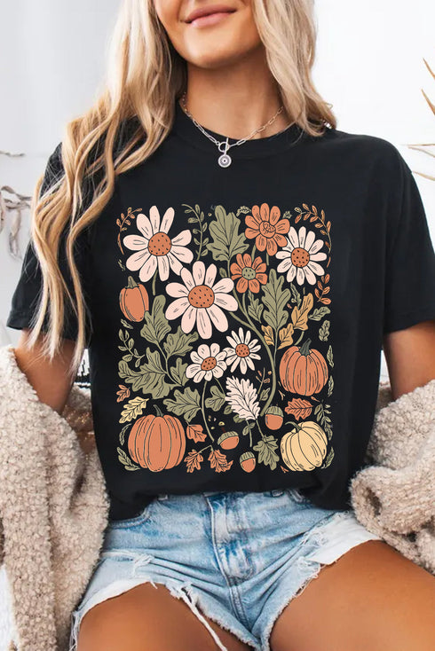 Autumnal Bloom Pumpkin Patch Floral Botanical Graphic Tee