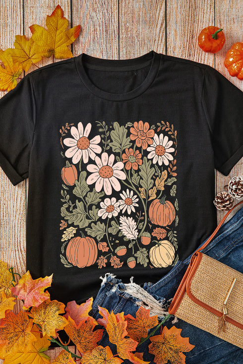 Autumnal Bloom Pumpkin Patch Floral Botanical Graphic Tee