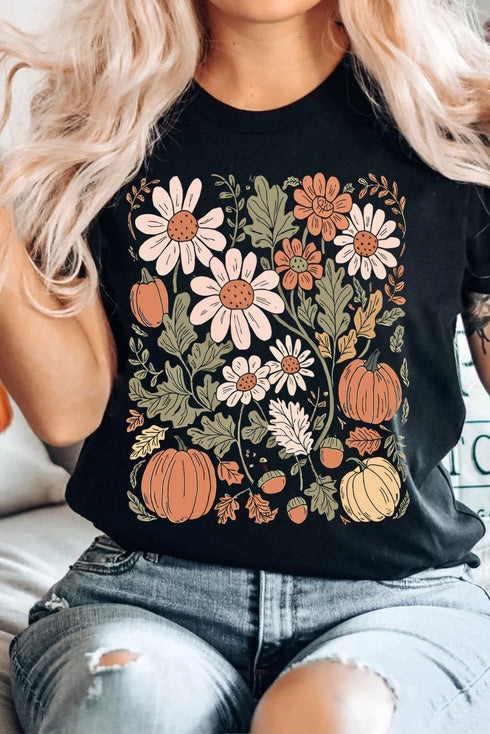 Autumnal Bloom Pumpkin Patch Floral Botanical Graphic Tee