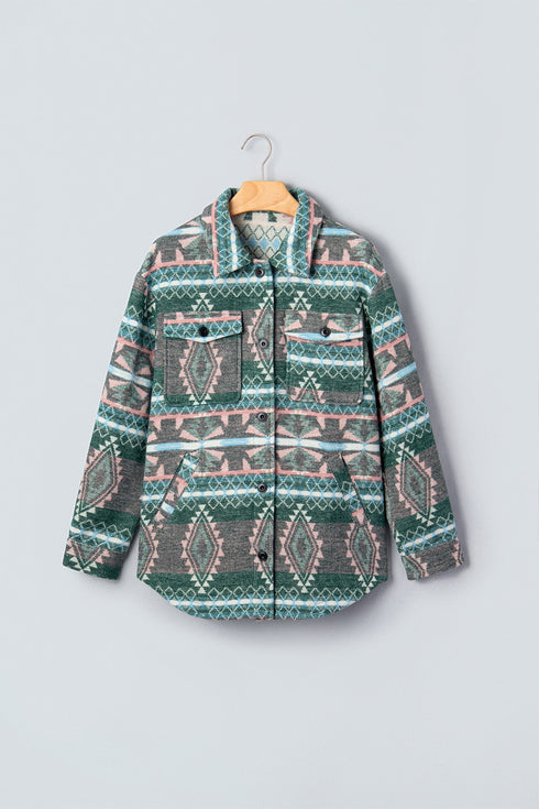 Aztec Geometric Print Button Front Long Sleeve Shacket