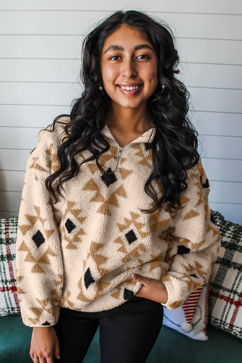 Aztec Panel Sherpa Quarter Zip Stand Collar Sweatshirt