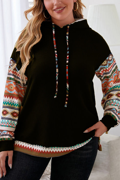 Aztec Patchwork Sleeve Waffle Drawstring Plus Hoodie