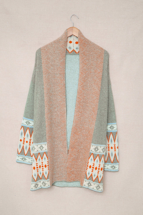 Aztec Print Open Front Knitted Cardigan