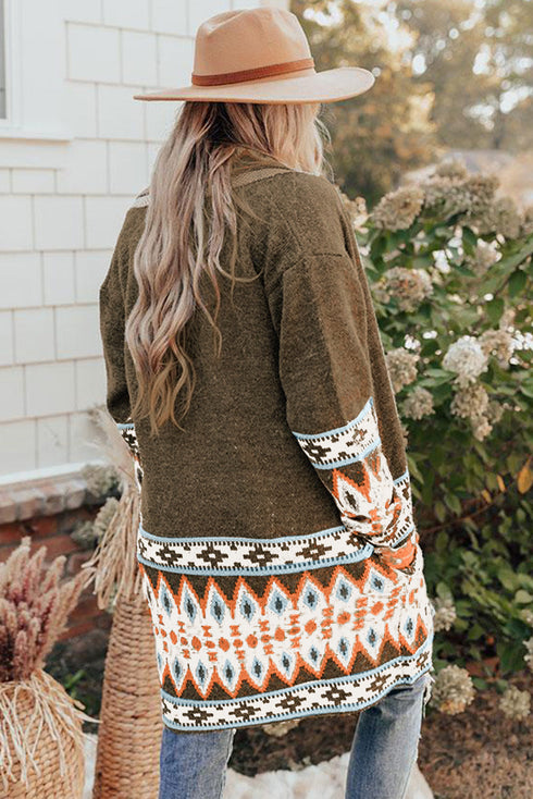 Aztec Print Open Front Knitted Cardigan
