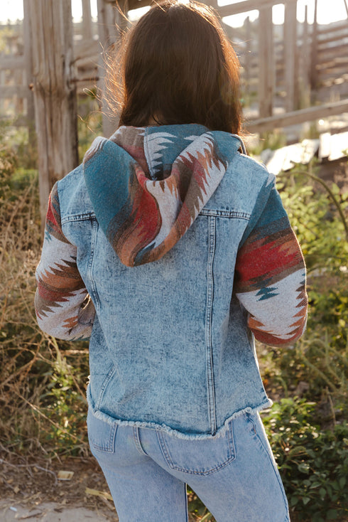 Aztec Print Patchwork Frayed Hem Western Denim Jacket