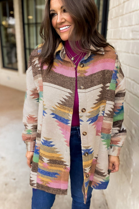 Aztec Print Western Button Up Shirt Jacket