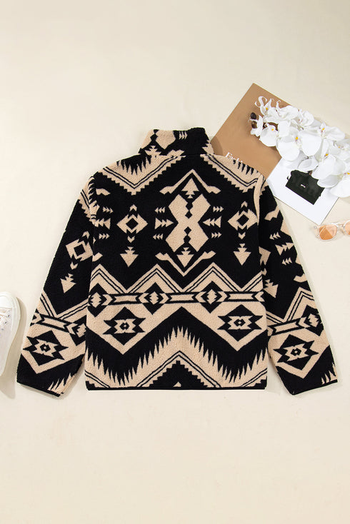 Aztec Yoke Half Button Collared Plush Sweatshirt