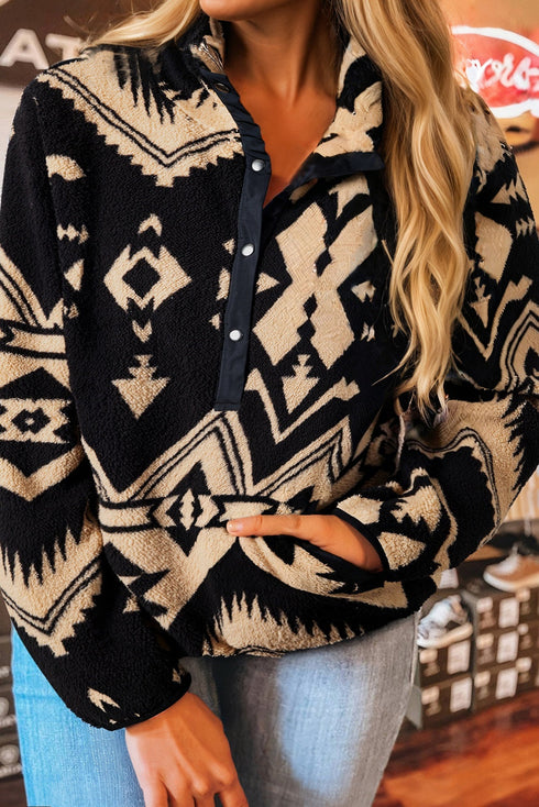 Aztec Yoke Half Button Collared Plush Sweatshirt