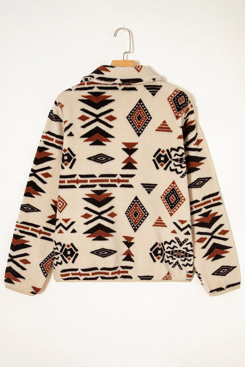 Aztec Yoke Sherpa Half Zip Stand Collar Kangaroo Pocket Sweatshirt
