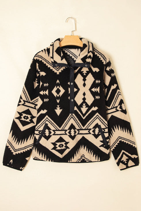 Aztec Yoke Sherpa Half Zip Stand Collar Kangaroo Pocket Sweatshirt