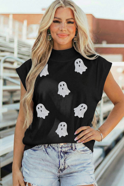 Glitter Ghost Print High Neck Graphic Tank Top