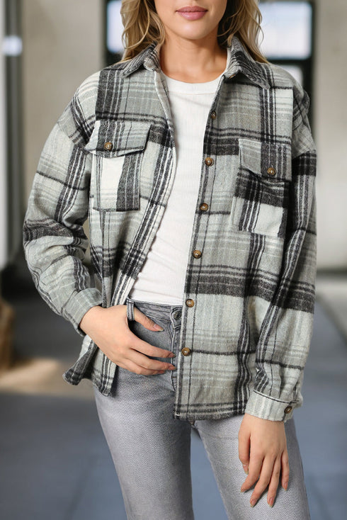 Casual Plaid Print Flap Pocket Button Down Shacket