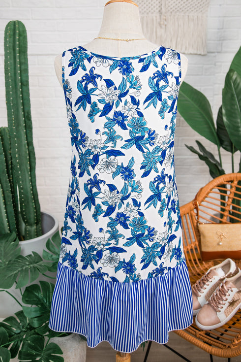 Sleeveless U Neck Striped Patchwork Ruffle Hem Floral Dress