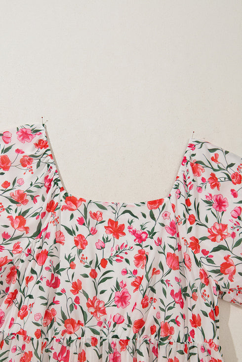 Floral Square Neck Puff Sleeve Ruffle Maxi Dress