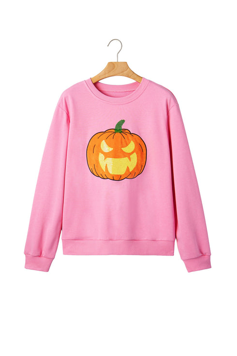 Embroidered Pumpkin Face Long Sleeve Round Neck Sweatshirt