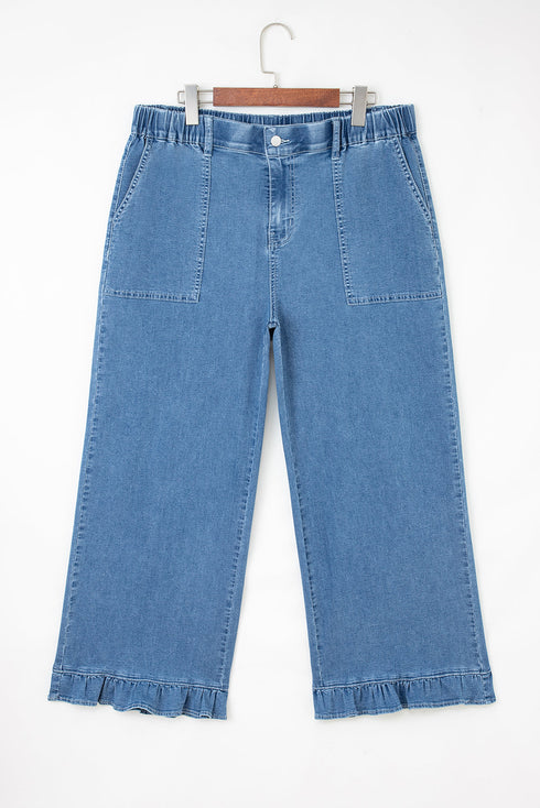 Elastic Waist Ruffled Wide Leg Denim Pants