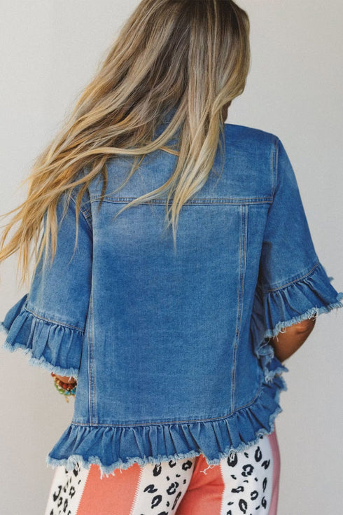 Western Ruffle Hem Raw Edge Half Sleeve Denim Jacket