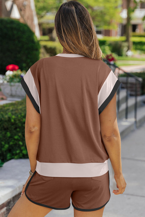 Casual Blocked Pattern Patchwork Cap Sleeve Short Set