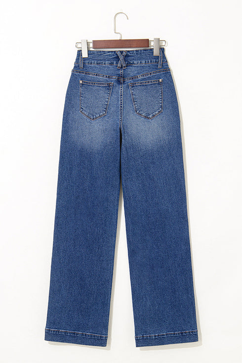 Double Button Zip Fly Wide Straight Leg Jeans