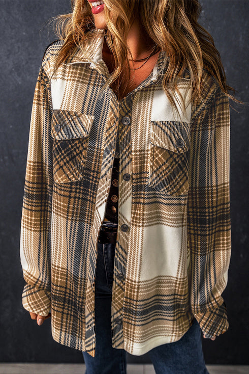 Casual Plaid Print Flap Pocket Button Up Shacket