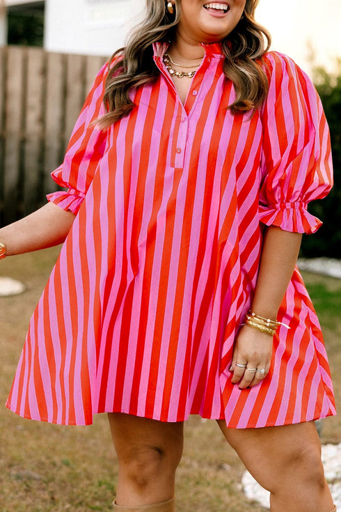 Striped Frilled Collar Button Neck Short Sleeve Mini Dress
