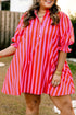 Striped Frilled Collar Button Neck Short Sleeve Mini Dress