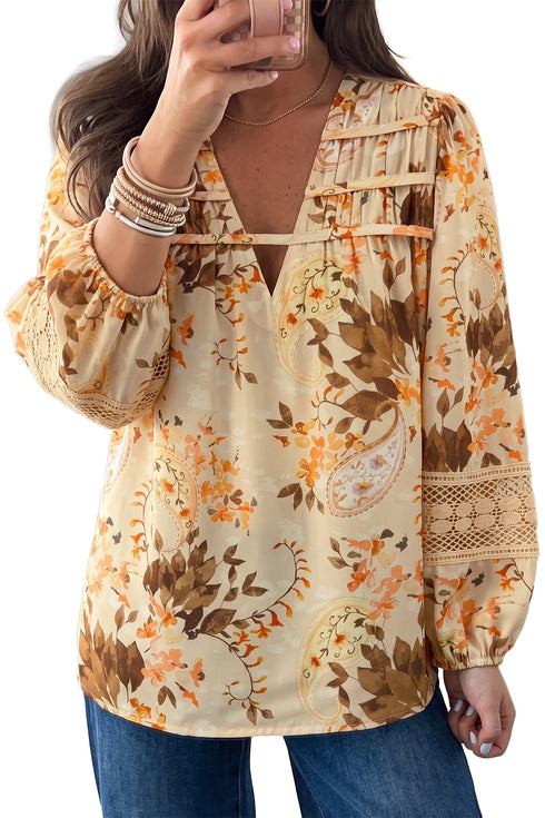 All Over Paisley Decorative Binding V Neck Shift Blouse