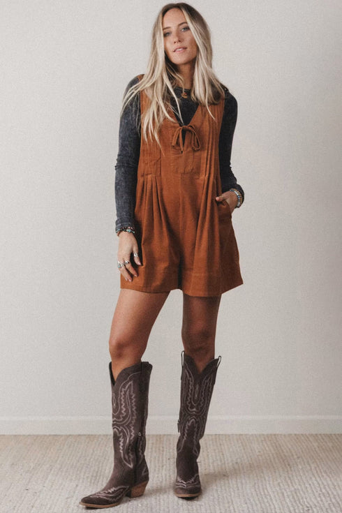 Tie V Neck Corduroy Sleeveless Romper