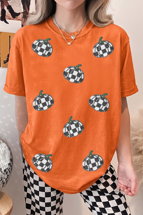 Sequin Pumpkin Print Round Neck Short Sleeve Tee