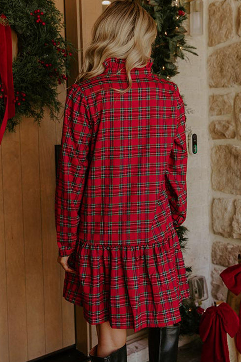 Plaid Long Sleeve Decorated Shift Silhouette Mini Dress