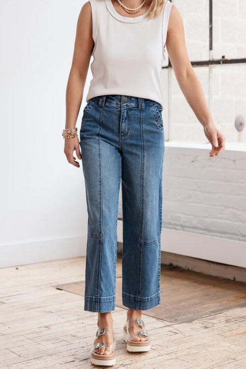 Exposed Stitching Straight Leg Stretch Denim Jeans
