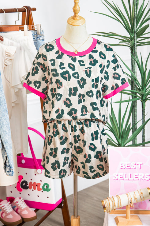 Western Style Leopard Print Contrast Trim Short Set