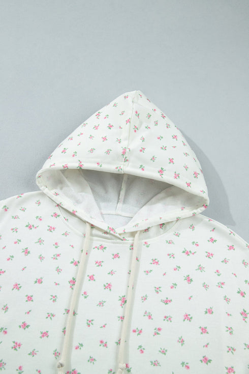 Floral Print Ribbed Trim Drawstring Hem Long Sleeve Hoodie